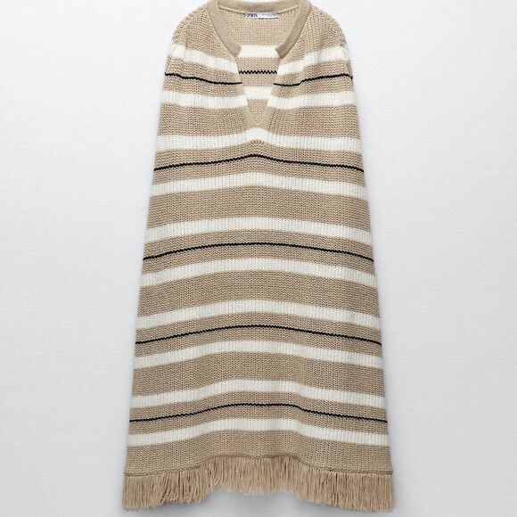 Zara Striped Knit Poncho Fringe New - Picture 5 of 7